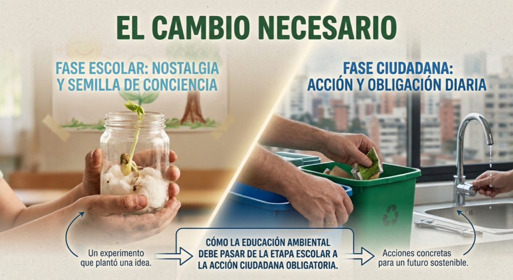 Una ilustración de qué es la educación ambiental mostrada como una división diagonal: a la izquierda, la fase escolar nostálgica con el experimento del frijol; a la derecha, la fase ciudadana obligatoria con acciones de reciclaje y reparación de fugas de agua