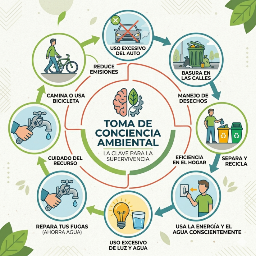 Una infografía cuadrada de qué es la educación ambiental que muestra un cerebro central conectado a un diagrama de flujo. El diagrama presenta cuatro columnas, contrastando malos hábitos (como tirar basura o usar el coche para trayectos cortos) con sus soluciones (como reciclar y andar en bicicleta). Incluye iconos de agua, luz y transporte, y un fondo con hojas verdes, representando la acción ciudadana obligatoria