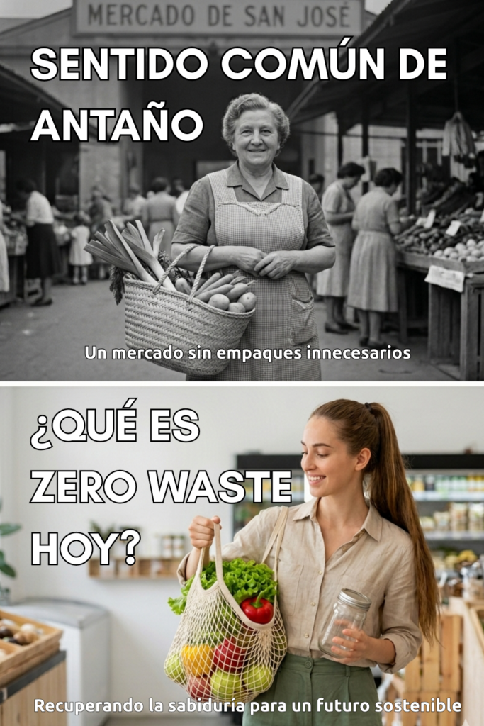 Comparación visual de qué es zero waste a través del tiempo: arriba una mujer antigua en un mercado con canasta de mimbre y abajo una joven moderna comprando a granel con bolsas reutilizables.