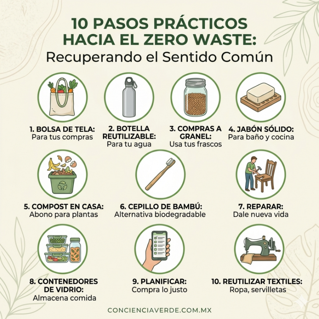 Infografía con 10 pasos prácticos para entender qué es zero waste, incluyendo el uso de bolsas de tela, compost en casa, frascos de vidrio y compras a granel para reducir residuos.