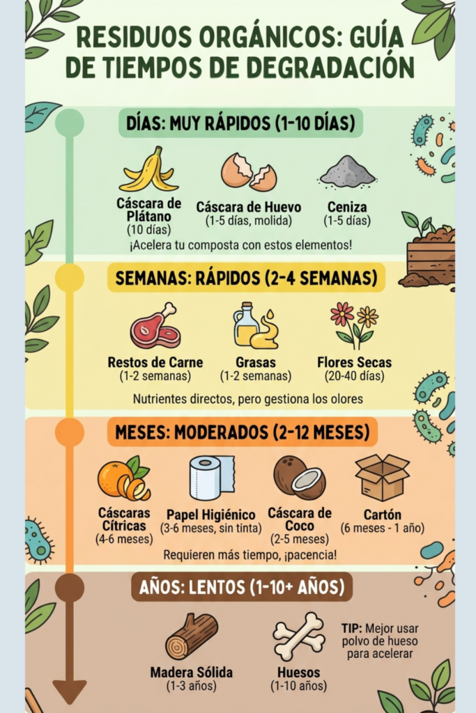 Infografía vertical estilo línea de tiempo mostrando qué son los desechos orgánicos y cuánto tardan en degradarse: cáscara de plátano (días), restos de comida (semanas/meses), papel (meses), y huesos o madera (años). Incluye iconos descriptivos