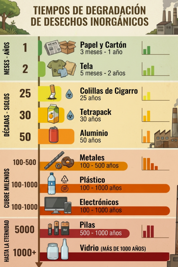 Infografía vertical de línea de tiempo que muestra el tiempo de degradación de desechos inorgánicos comunes: papel, tela, colillas, tetrapack, aluminio, metales, plástico, electrónicos, pilas y vidrio, contrastando su larga vida en el planeta.