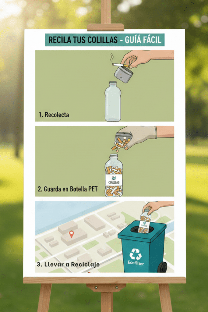 Guía paso a paso para reciclar colillas de cigarro: recolección, almacenamiento en botellas PET y entrega en centros de acopio Ecofilter.