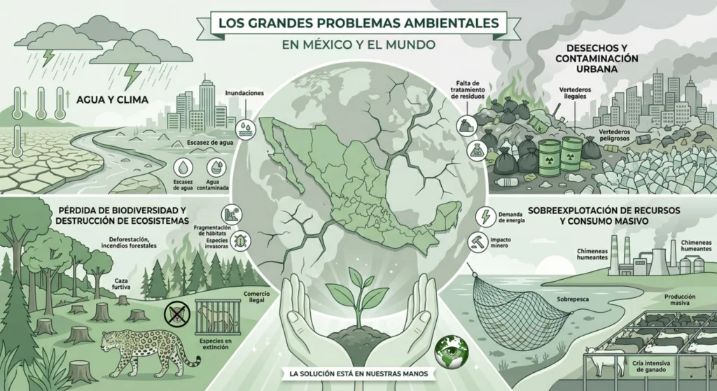 Infografía minimalista sobre los principales problemas ambientales en México y el mundo, dividida en secciones de agua y clima, contaminación urbana, pérdida de biodiversidad y sobreexplotación. En el centro resalta el mapa del país sostenido por manos que cuidan un brote orgánico.