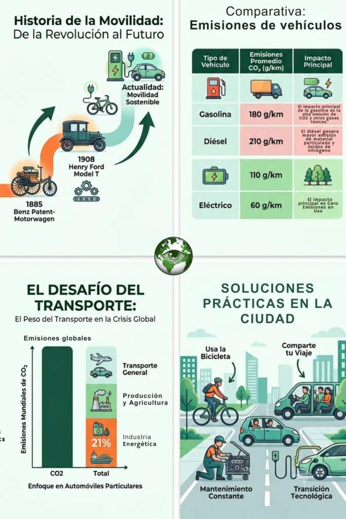 Infografía de Conciencia Verde sobre la contaminación de un automóvil y movilidad sostenible. Incluye una línea de tiempo histórica desde 1885, una tabla comparativa de emisiones de CO2 por tipo de vehículo (gasolina, diésel, híbrido y eléctrico), un gráfico del impacto del transporte en las emisiones globales y un panel con soluciones prácticas como el uso de la bicicleta y el carpooling.