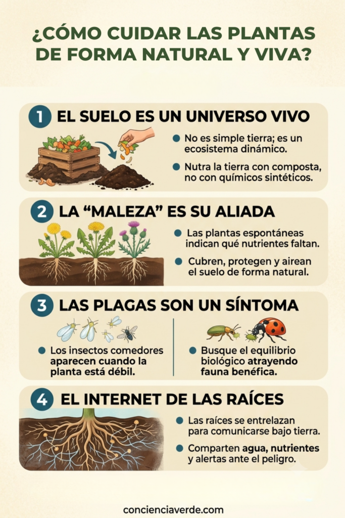 Infografía educativa en formato vertical sobre cómo cuidar las plantas enfocada en la vida del suelo. Se detallan cuatro puntos clave: 1) El suelo vivo y la composta, 2) Los beneficios de la 'maleza' o plantas espontáneas, 3) Las plagas como síntoma y el control biológico con mariquitas, y 4) La red de comunicación de las raíces. Incluye ilustraciones orgánicas en tonos verdes y beige con el logo de Conciencia Verde y un llamado a la acción al pie