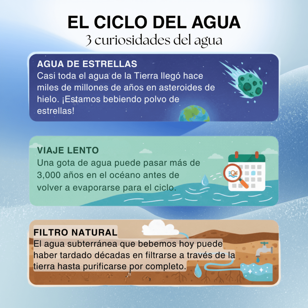 Infografía con 3 curiosidades del ciclo del agua: el origen del agua en asteroides (agua de estrellas), el viaje de 3,000 años de una gota en el océano y la filtración natural del agua subterránea a través de la tierra.