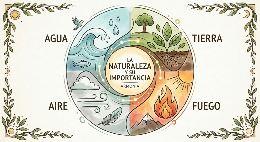 Infografía circular que ilustra la fusión de los 4 elementos fundamentales (agua, tierra, fuego, aire) para crear el equilibrio de la naturaleza y su importancia.