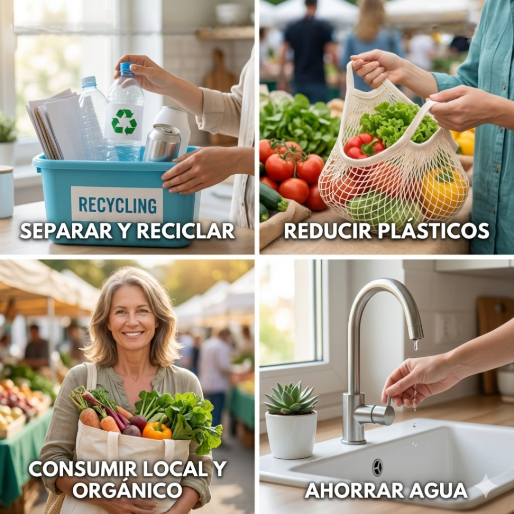 Collage fotográfico cuadrado (1:1) que ilustra cuatro acciones cotidianas de sostenibilidad: separación de residuos, consumo local de alimentos, ahorro de agua y uso de productos sin plástico