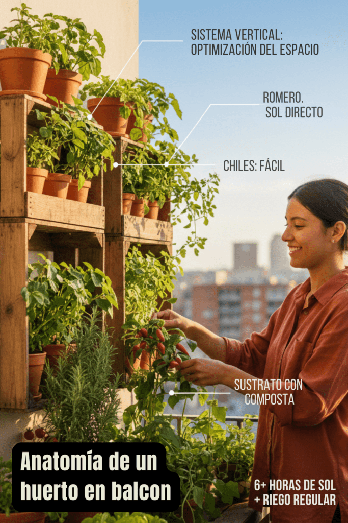 Infografía sobre huertos urbanos en balcones que muestra un sistema vertical con macetas de madera, cultivos de chiles, romero y tomates, y consejos de riego y luz solar.