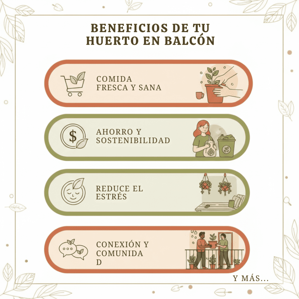 Infografía minimalista en tonos tierra y verde que detalla los beneficios de tener un huerto en el balcón: comida fresca y sana, ahorro y sostenibilidad, reducción del estrés y conexión con la comunidad. Incluye ilustraciones lineales de una cesta de compras, una moneda con hoja, una persona relajada y dos personas compartiendo plantas.