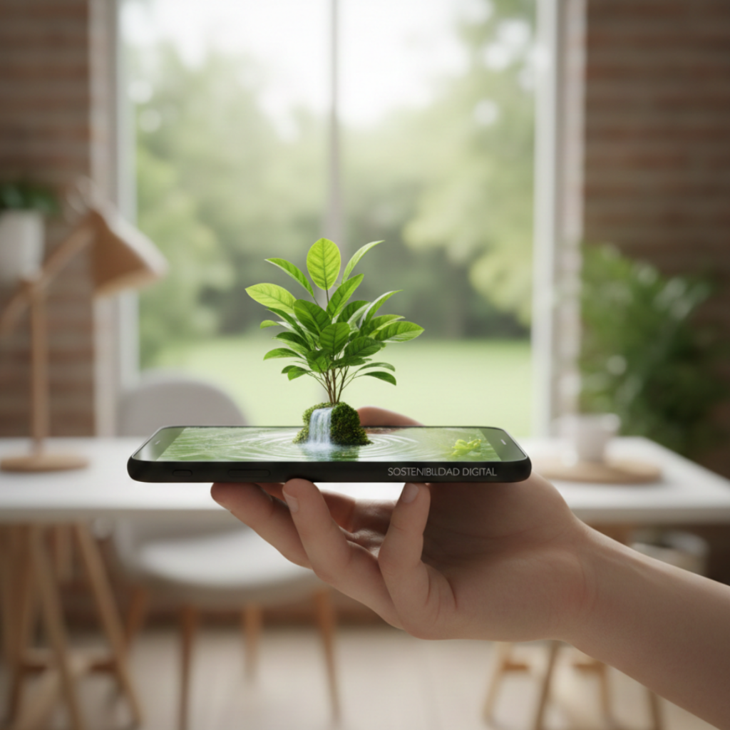 Mano sosteniendo un smartphone del que brota una planta, representando hábito sostenible verde.
