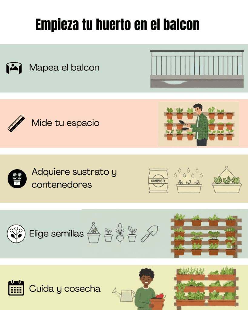 Infografía estilo ilustración de 4 pasos para iniciar un huerto en el balcón: 1. Mapeo y medición del espacio, 2. Preparación de sustrato y contenedores, 3. Elección de semillas, y 4. Siembra y cuidados. Diseño limpio en tonos tierra y verde con iconos descriptivos.