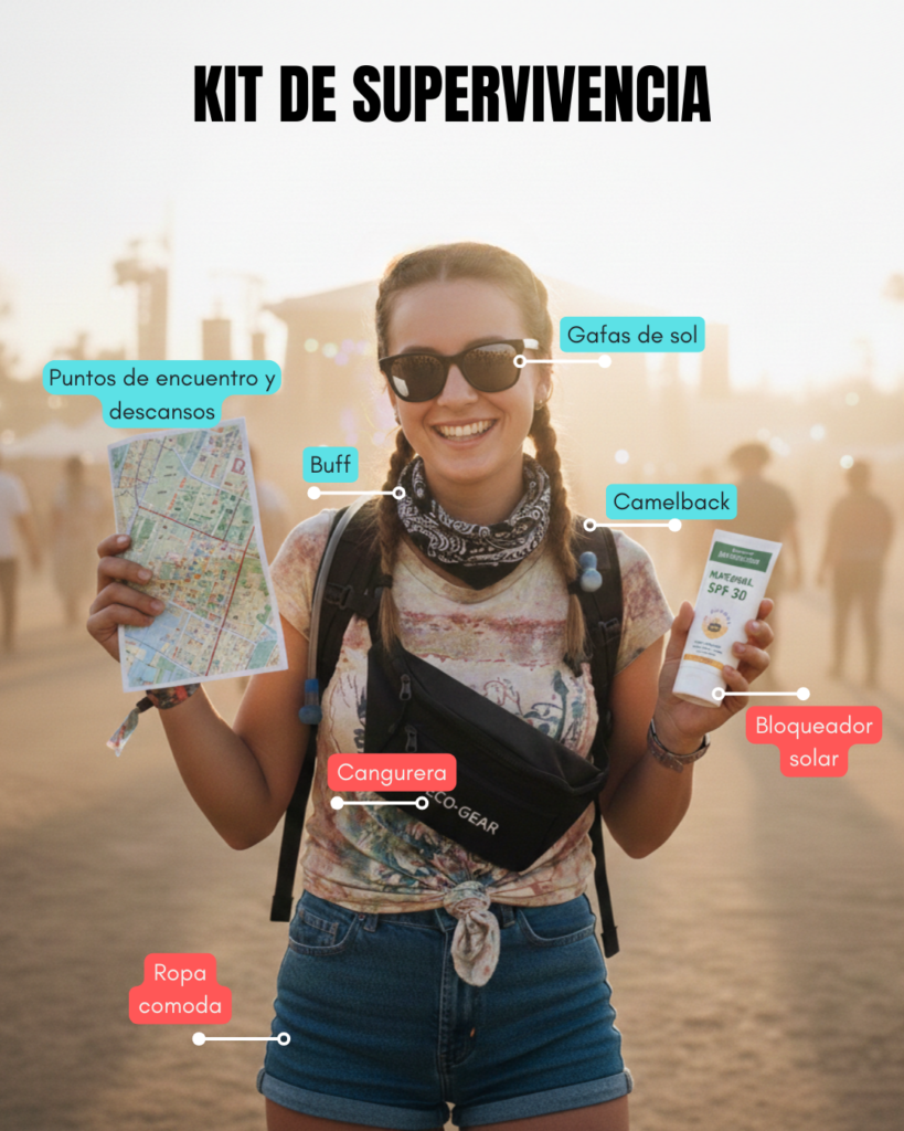 Mujer en un concierto sosteniendo los elementos de un kit de supervivencia para festivales en México: mapa, bloqueador solar, camelback y cangurera