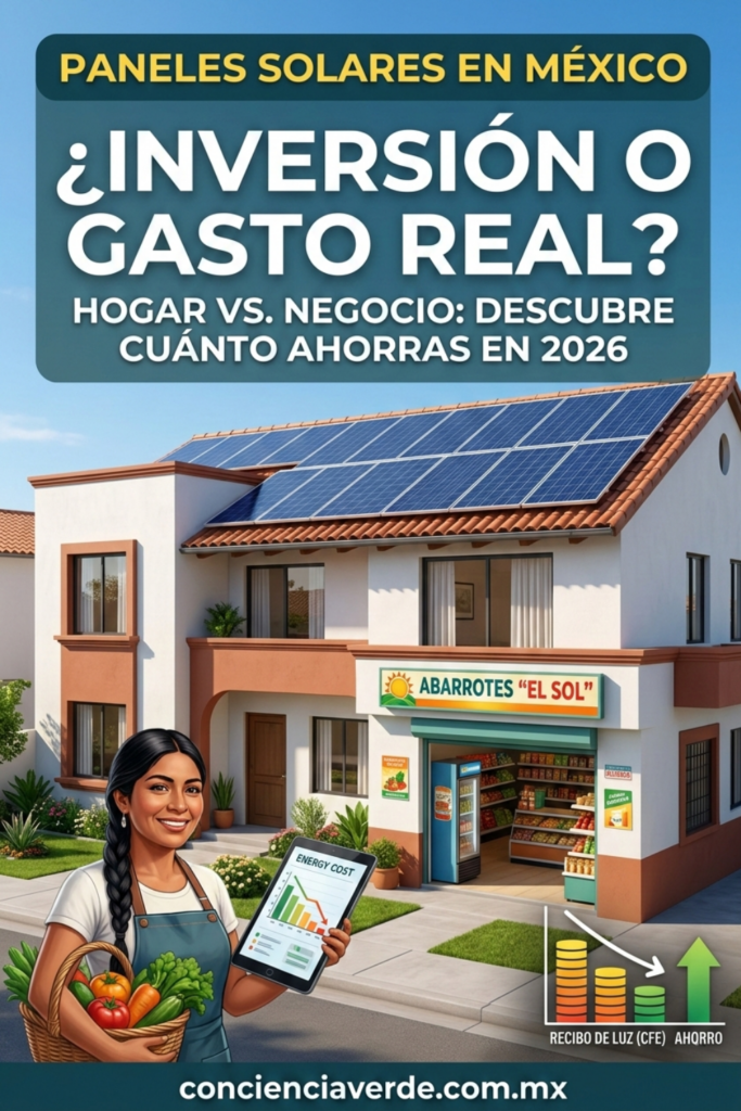 Infografía sobre el ahorro real con paneles solares en México para una casa con aire acondicionado y un negocio de abarrotes con refrigeración, mostrando la reducción en el recibo de CFE.