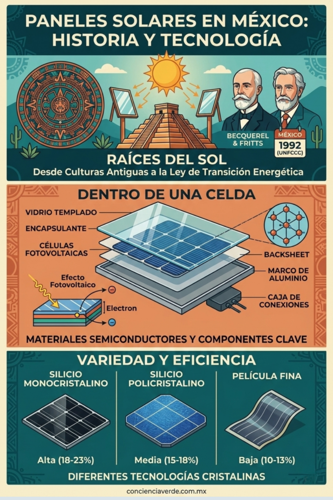 Diagrama educativo sobre la historia y los tipos de paneles solares en México, detallando el funcionamiento de una celda fotovoltaica y la comparación entre tecnología monocristalina y policristalina.