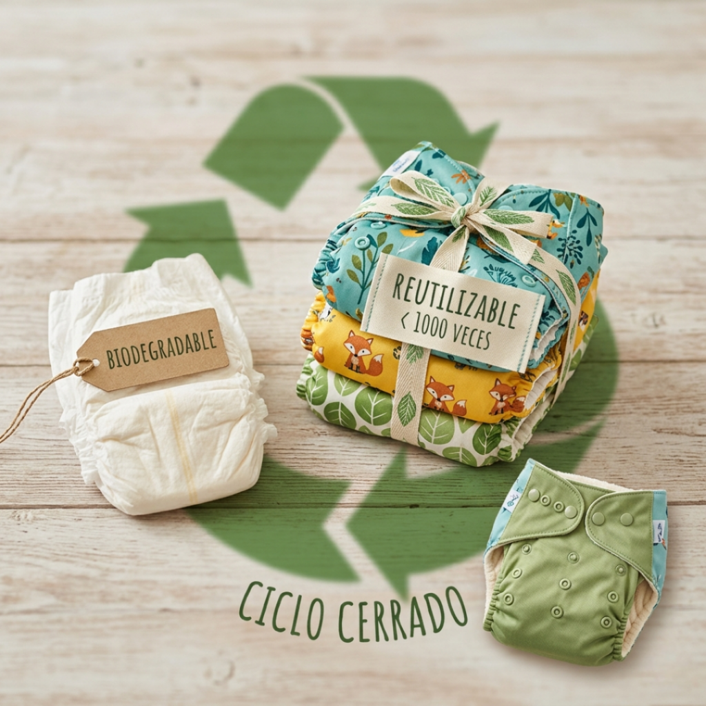 Diferentes tipos de pañales ecológicos y biodegradables junto a los pañales de tela reutilizables, destacados como la opción más sustentable.