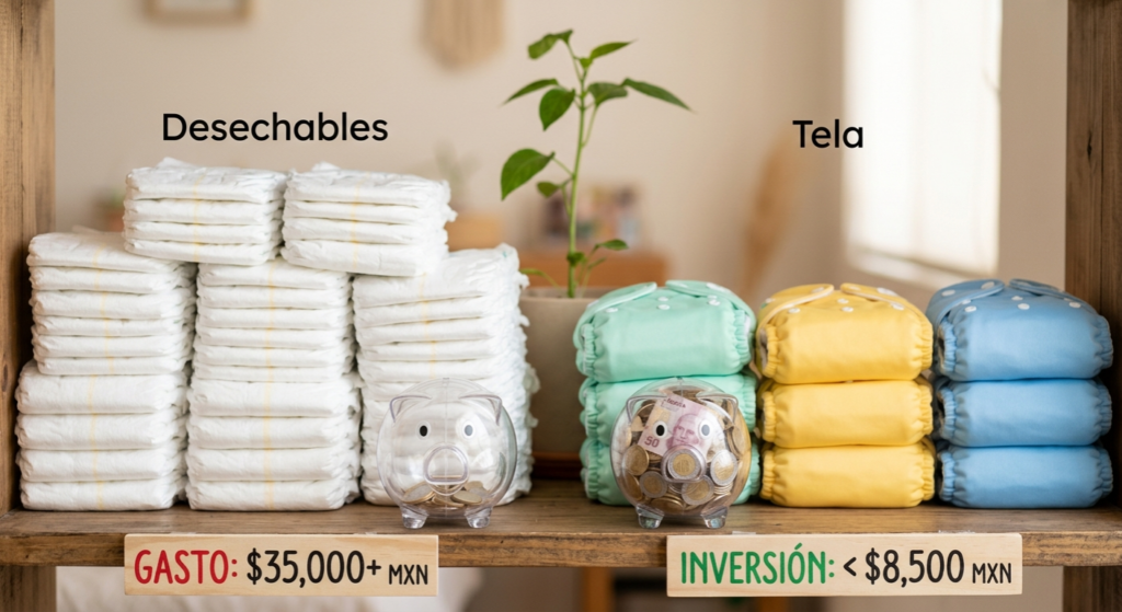 Comparativa económica entre el gasto acumulado de pañales desechables y la inversión inteligente en un kit de pañales de tela modernos.