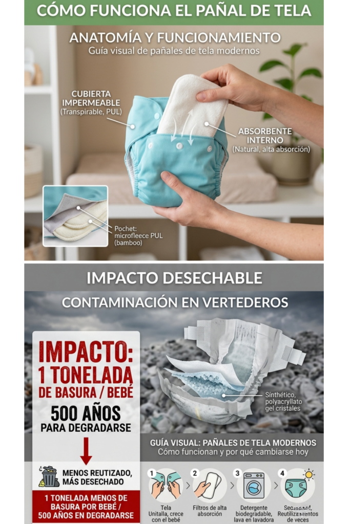 Infografía vertical comparativa: En la parte superior se muestra la anatomía y cómo funcionan los pañales de tela modernos con sus insertos de bambú; en la parte inferior se contrasta con el impacto ambiental de los pañales desechables en vertederos, destacando la generación de una tonelada de basura por bebé.