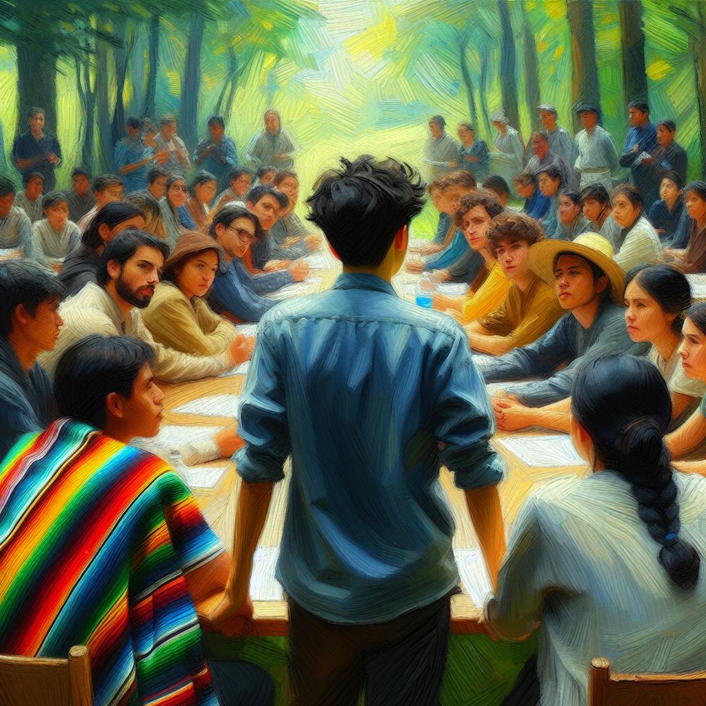Pintura impresionista de un joven enseñando a una comunidad en un bosque, ilustrando cómo educar a otros ayuda a construir una mentalidad sustentable verdadera.