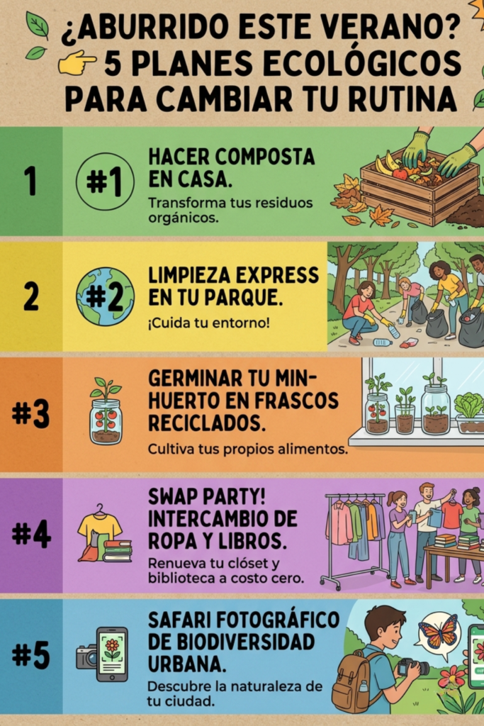Iconografía con 5 planes ecológicos para el verano: composta casera, limpieza de parques, huerto en frascos, intercambio de ropa y safari fotográfico urbano