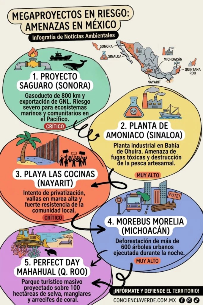 Infografía interactiva estilo boceto sobre las noticias ambientales en México que amenazan el medio ambiente, destacando proyectos críticos en Sonora, Sinaloa, Nayarit, Michoacán y Quintana Roo.